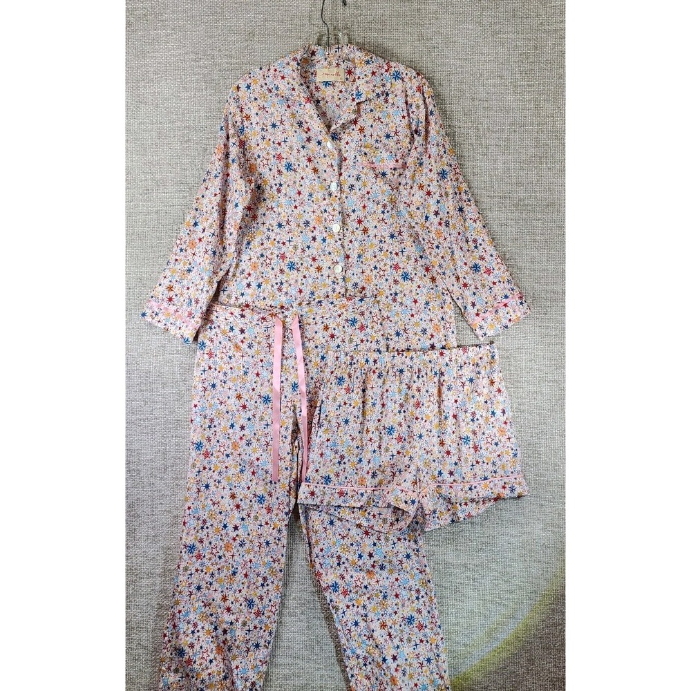 Papinelle Starry Nights 3 Piece Pajama Set Womens S Lightweight 100% Cotton EUC